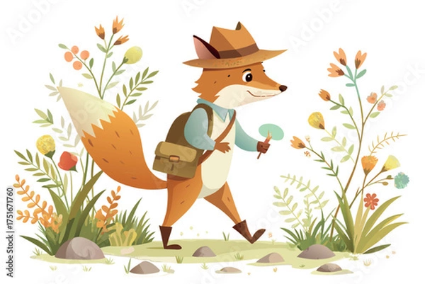 Obraz A charming fox character wearing a hat and backpack, walking through a field of colorful flowers isolated on white background