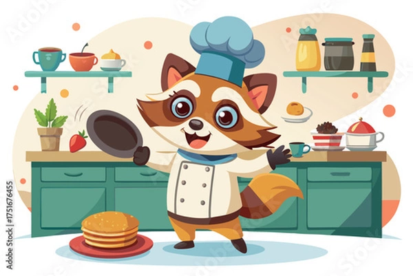 Obraz A cheerful raccoon chef preparing pancakes in a cozy kitchen isolated on white background, ready to serve a delicious meal