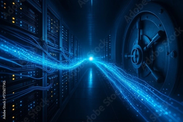 Obraz Data Fortress: A secure digital realm guarded by servers and a vault door, illuminated by streams of data, signifying the safety of information in the digital age.