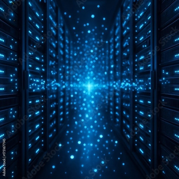 Obraz Data Nexus: A mesmerizing digital realm of a futuristic data center, pulsating with the vibrant energy of data, representing the cutting-edge technology and the vital connection.