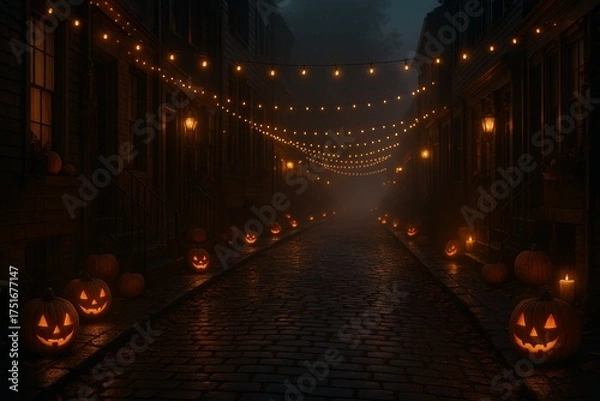 Obraz Spooky Street: A hauntingly beautiful street is illuminated by string lights and jack-o'-lanterns on a misty night, evoking a sense of mystery and festive charm.