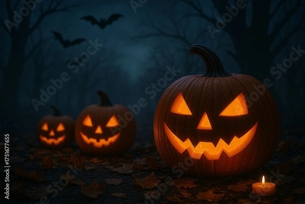 Obraz Spooky Pumpkins in the Night: Three carved jack-o'-lanterns glow in the dark, casting eerie light amidst the trees. A bat flies against the misty backdrop, adding to the atmosphere of Halloween.