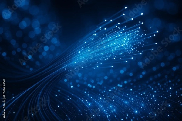Obraz Abstract Fiber Optic:  Dynamic strands of fiber optics light up, symbolizing modern connectivity in a vibrant display of advanced technology, illustrating high-speed data transmission