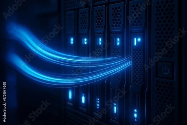 Obraz Cybernetic Infrastructure: The image captures a sleek, high-tech server rack with glowing blue lines, highlighting the complex and essential functions of a modern data center.