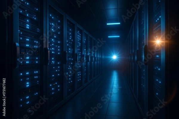 Obraz Server Room - Gateway to Digital Realm: A futuristic, dim-lit server room, illuminating a pathway of digital data and network connections. Envisioning the seamless flow of information