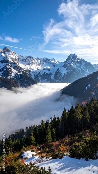 Fototapeta Snowy mountain peaks rise above a valley shrouded in fog, coniferous forest in the foreground