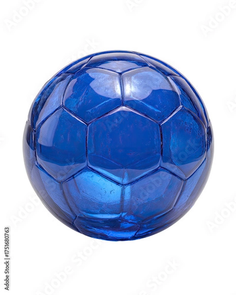 Fototapeta A glossy, vibrant blue soccer ball, centered against a black background.  The ball's surface is depicted with a pattern of hexagonal panels