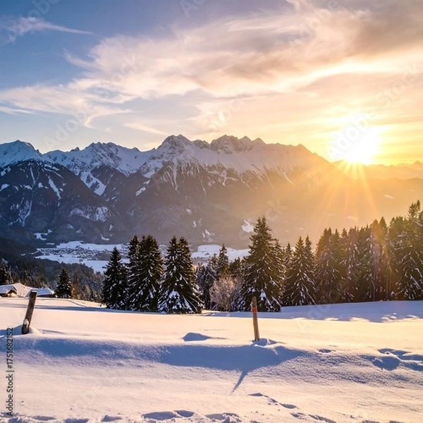 Fototapeta Snowy mountain range at sunset, sun rays pierce the clouds above a snow-covered valley