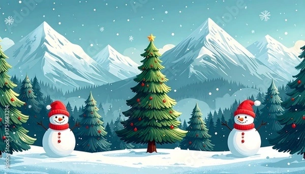 Fototapeta Snowy mountain range backdrop, decorated evergreen tree, two snowmen in hats