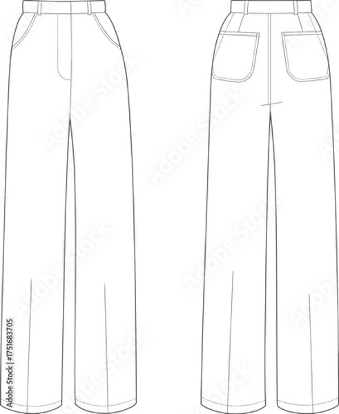 Obraz Technical flat sketch, women straight leg pants, CAD fashion drawing, front and back view, apparel design template, garment construction illustration