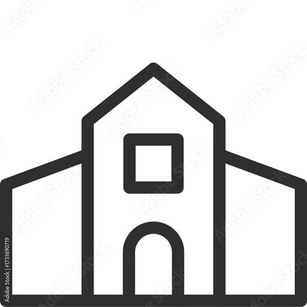 Obraz Simple line art icon of a building with a pitched roof and arched doorway, isolated on transparent background