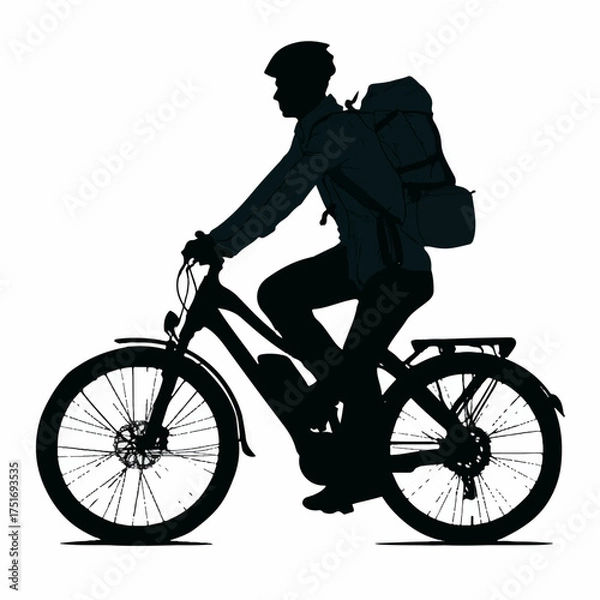 Fototapeta Silhouette of a person riding an electric bicycle with a backpack isolated on transparent background