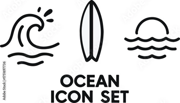 Obraz Minimalist ocean icon set featuring surfboard waves and sunset elements with transparency