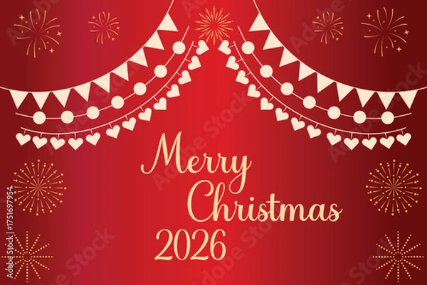 Fototapeta Merry Christmas 2026 texted with red background. Merry Christmas Poster or banner, card festive on red background. Christmas celebration concept. Vector illustration.