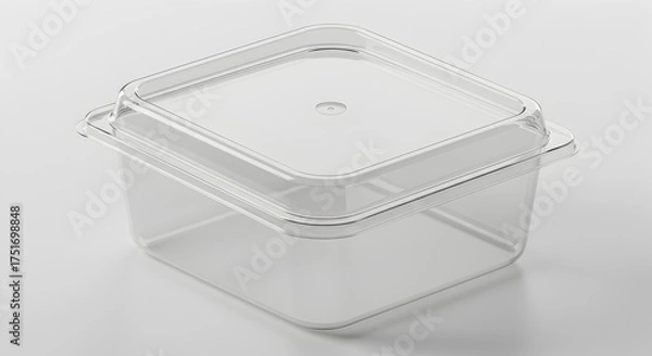 Obraz Blank transparent plastic square food container mockup with lid on a clean white background, ideal for food packaging and storage.
