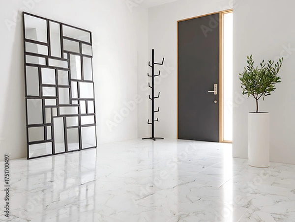 Obraz Modern Hallway With Geometric Mirror And Dark Door interior entrance isolated on a transparent background
