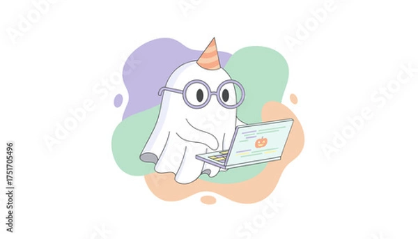 Fototapeta Cute ghost in party hat and glasses using laptop with Halloween pumpkin on screen tech fun