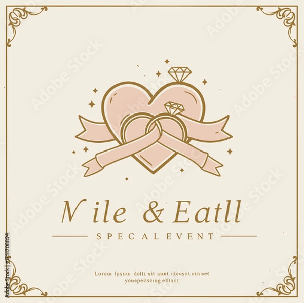 Fototapeta Elegant wedding event logo design featuring a heart, rings, and ribbons. Perfect for engagements