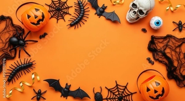 Fototapeta Halloween decorations on orange background creating a spooky festive atmosphere