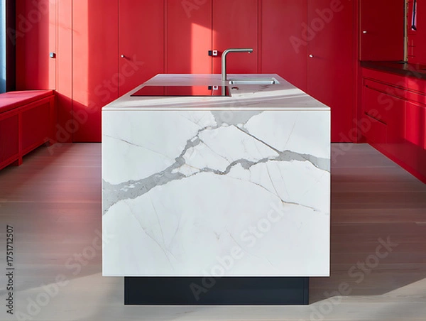 Fototapeta Modern Red Kitchen with White Marble Island and Induction Cooktop graphic design isolated on a transparent background