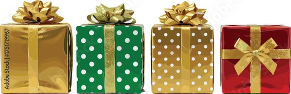 Obraz Four gift boxes gold green red with gold bows and ribbons present celebration