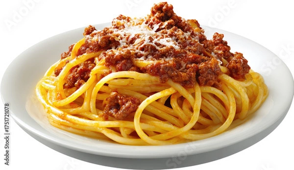 Fototapeta A plate of spaghetti with meat sauce.  Generous portion of cooked pasta, covered in a rich, reddish-brown sauce.  Topped with grated cheese