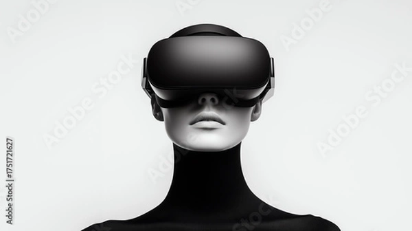 Fototapeta Ai-generated futuristic woman wearing virtual reality headset in minimalist monochrome style