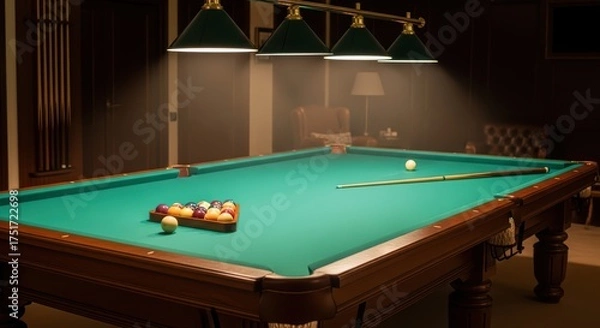 Fototapeta Elegant billiard room with green pool table and cue under warm lighting