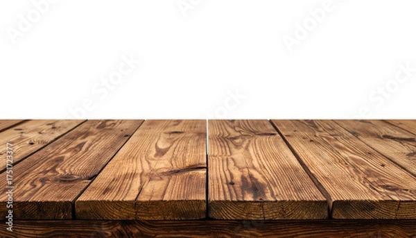 Fototapeta Rustic wooden table perspective against a stark black backdrop, perfect for product display