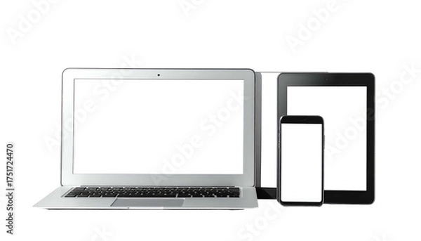 Obraz Grouping of blank-screened laptop, tablet, and smartphone, isolated on black background