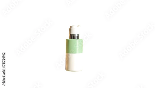 Fototapeta Isolated pump bottle with white and green sections, silver cap against a black background