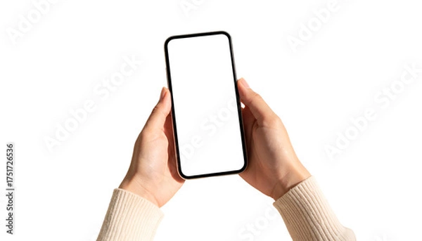 Obraz Person holding a smartphone with blank white screen against a black background