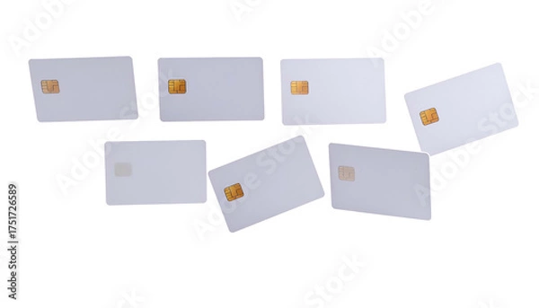 Fototapeta Seven blank, rectangular cards with embedded chips, slightly angled against a black background