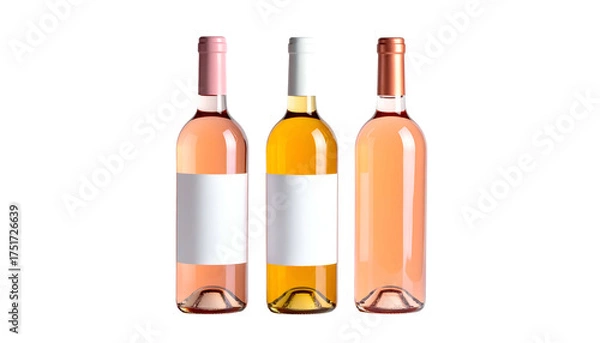 Obraz Three bottles of wine with differing colors, blank labels, against a black background