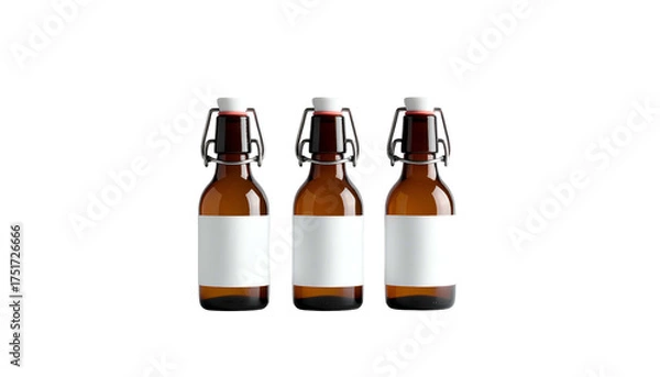 Fototapeta Three small brown glass bottles with white labels and hinged closures, against black