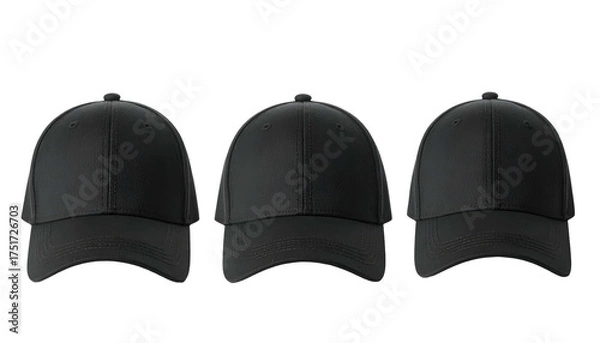 Fototapeta Three identical black baseball caps side-by-side on a black background