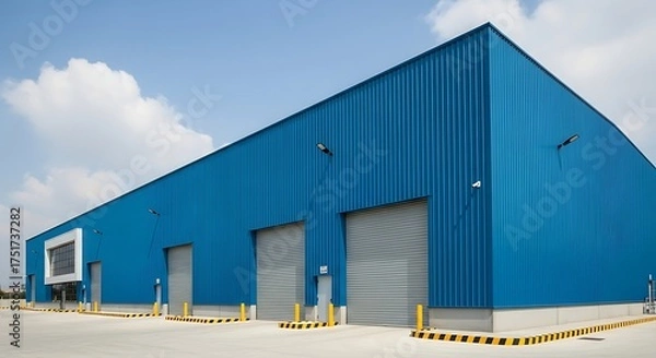 Fototapeta Bright Blue Facade Industrial Building Exterior with Rolling Doors Architecture