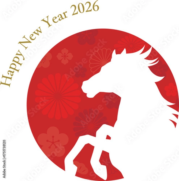 Obraz 午年の年賀状テンプレート　日の出と馬と和風模様