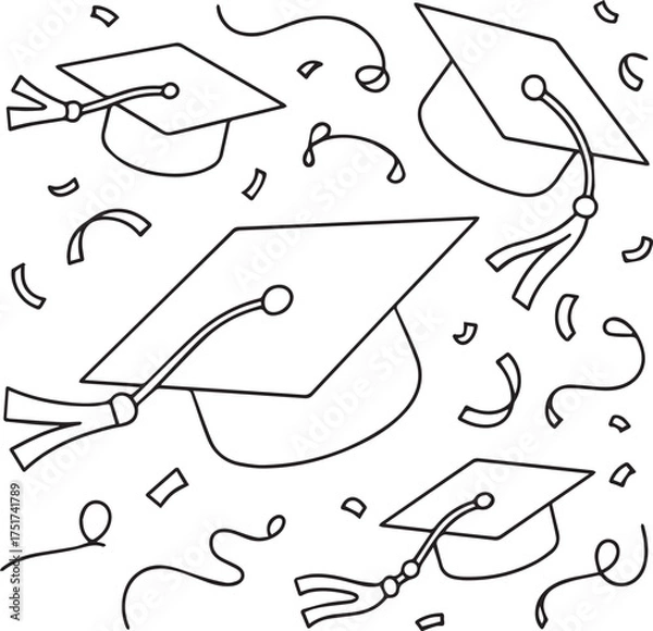 Fototapeta Joyful graduation celebration with falling confetti and tassel topped caps dynamic composition simple outline art representing academic achievement and success vector