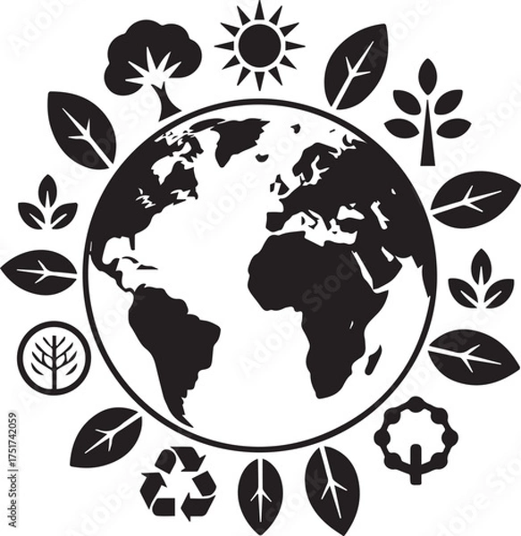 Fototapeta Global ecology and sustainability concept featuring planet earth surrounded by nature symbols and recycling icons promoting environmental conservation and green living vector