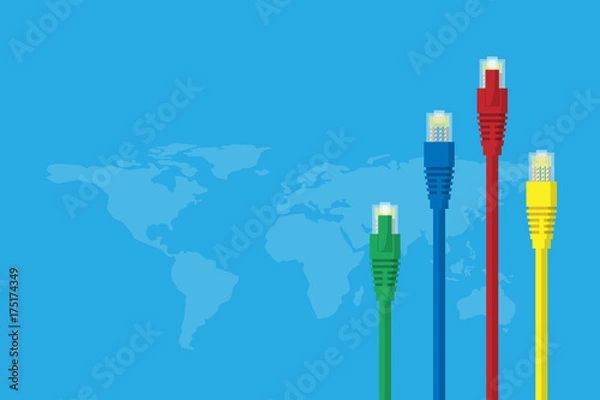 Fototapeta LAN cables with world map on light blue background, connection and technology concept