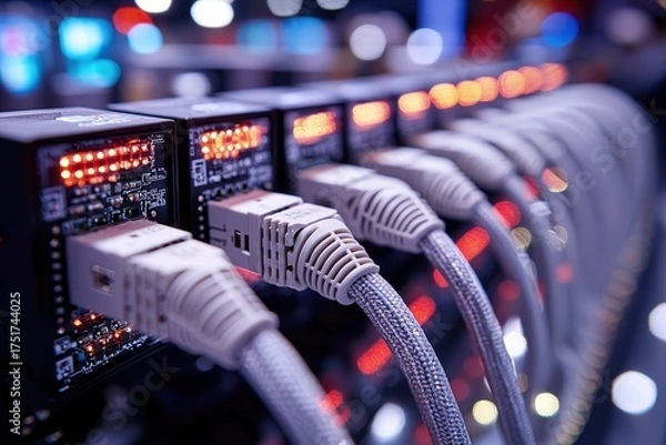Fototapeta Network cables connected to servers with led indicators in modern data center technology communication infrastructure