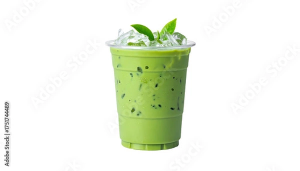 Fototapeta A cold matcha beverage in a clear plastic cup, topped with ice and fresh leaves