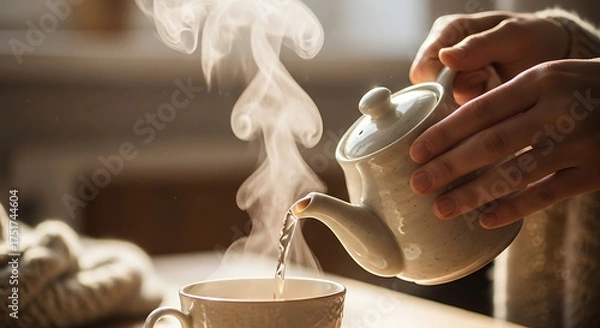 Fototapeta Steaming Tea Pour: Cozy Moment with Teapot, Cup, and Warm Light
