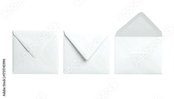 Fototapeta Three white, square envelopes in stages, one closed, one partially, one open