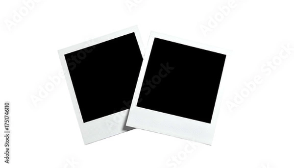 Fototapeta Two blank, white-bordered photo frames overlapping slightly on a black background, shadowed