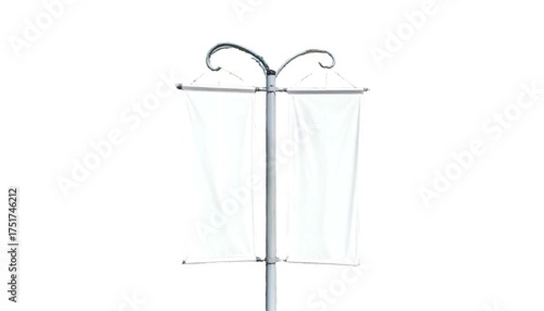 Fototapeta Metal pole with two blank white rectangular banners hanging, set against a black background