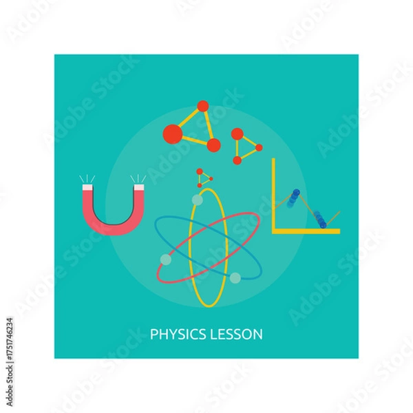 Fototapeta Physics Lesson Illustration With Atom Model Magnet And Graph On Teal Background