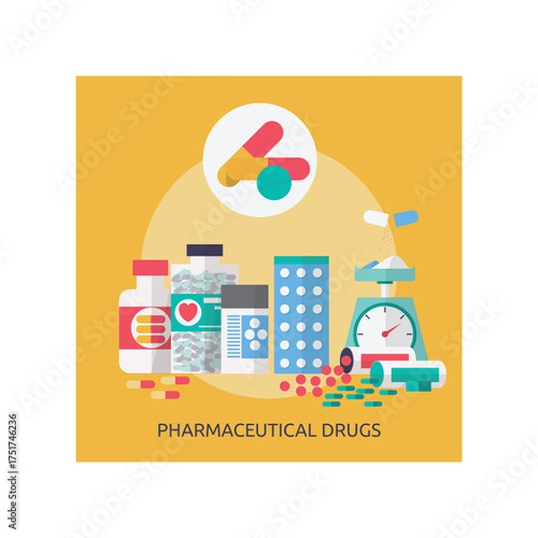 Fototapeta Pharmaceutical Drugs Collection Assorted Medical Bottles Pills Capsules And Weighing Scale In A Flat Design Style On A Yellow Background