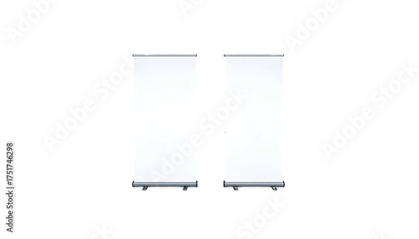 Fototapeta Two rectangular blank white pull-up banners, side-by-side, against a black background